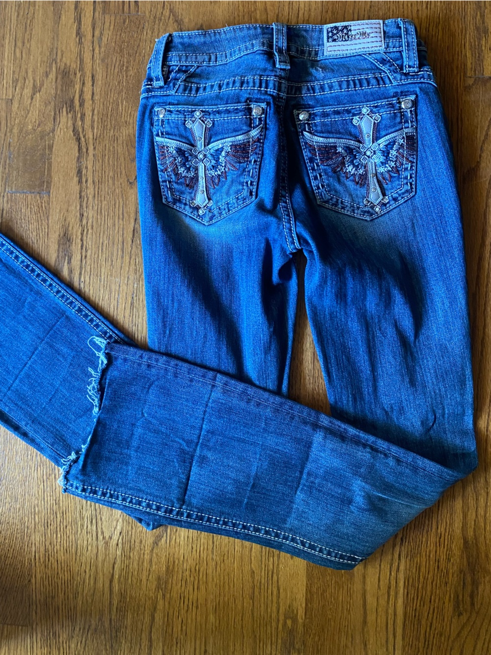 Miss Me Jeans Womens 25 Low Mid Rise Flare American Flag Cross Embellished - Picture 3 of 8
